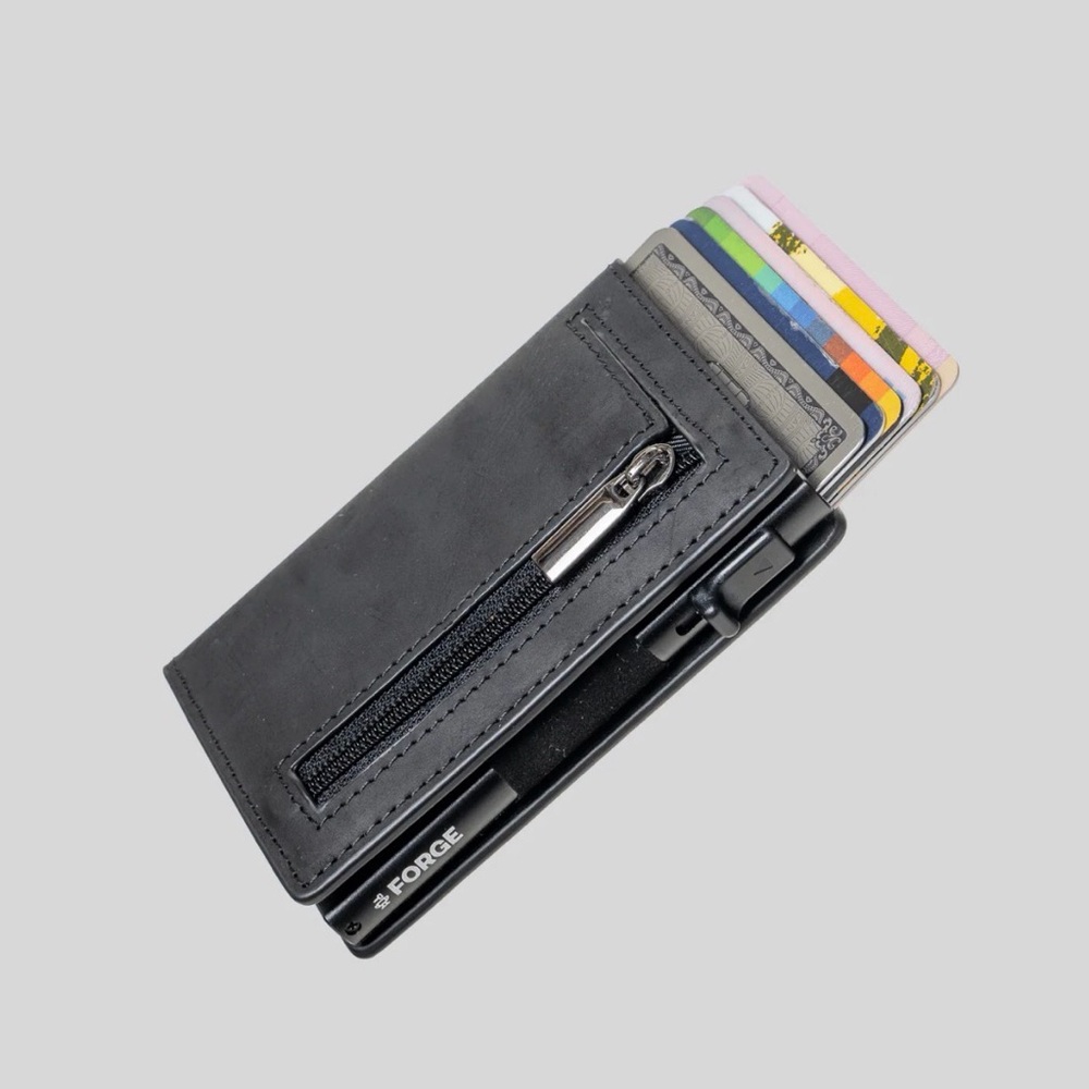 Forge Men’s Black Leather Wallet with Zipper for Coins and RFID Protection